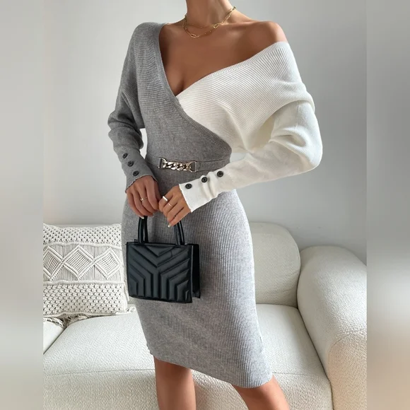 Frenchy Two Tone Cuff Rib-knit Cut Out Back Sweater Dress